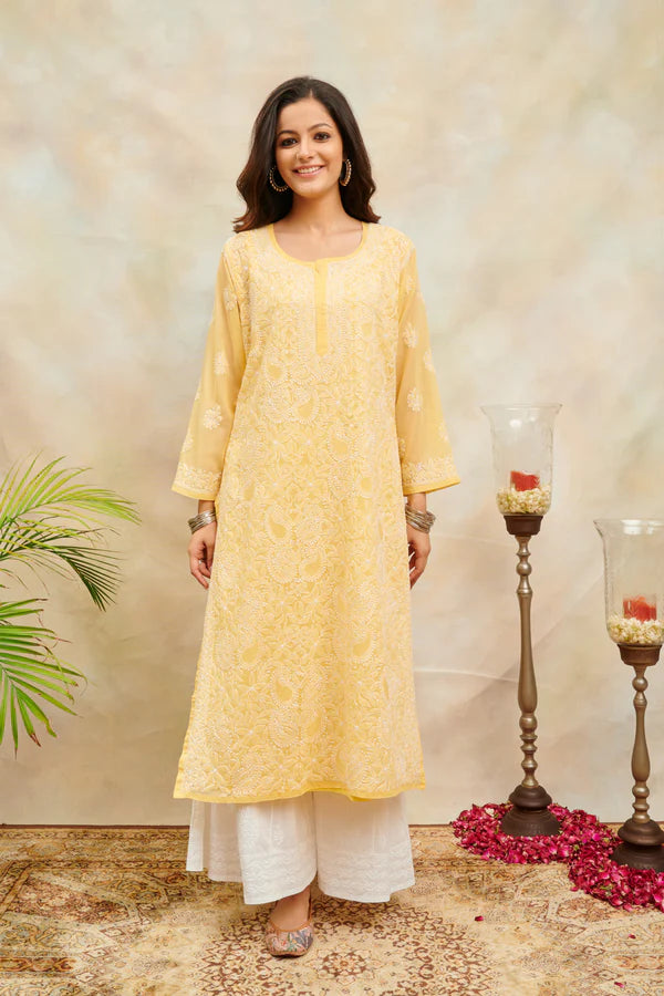 Mustard Yellow Chikankari Mul Cotton Designer Kurta