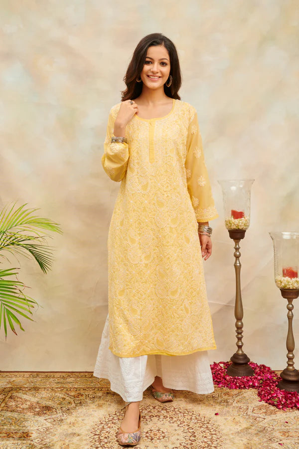 Mustard Yellow Chikankari Mul Cotton Designer Kurta