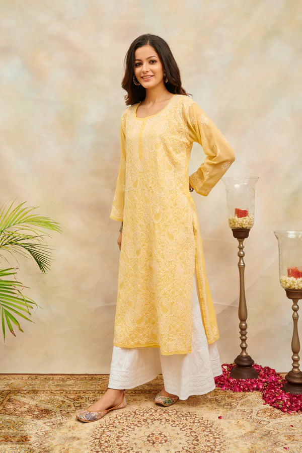 Mustard Yellow Chikankari Mul Cotton Designer Kurta