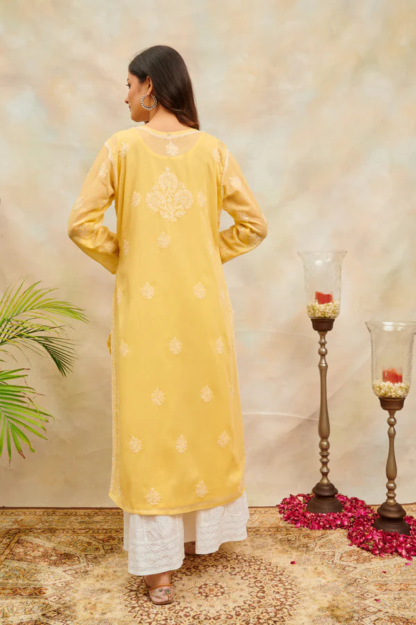 Mustard Yellow Chikankari Mul Cotton Designer Kurta