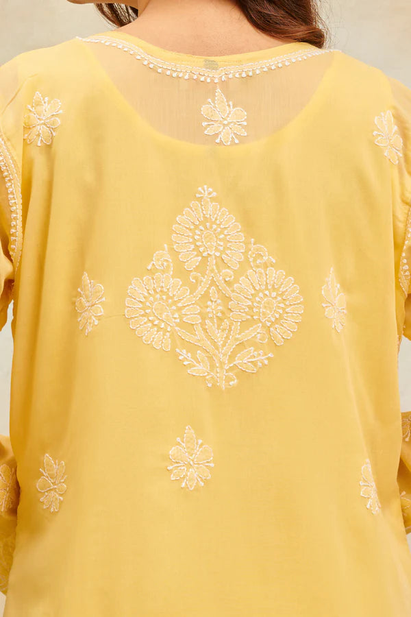 Mustard Yellow Chikankari Mul Cotton Designer Kurta