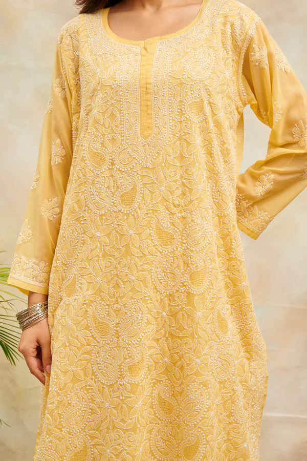 Mustard Yellow Chikankari Mul Cotton Designer Kurta