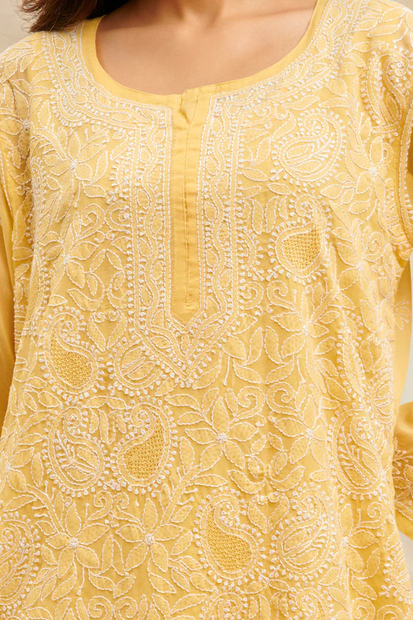 Mustard Yellow Chikankari Mul Cotton Designer Kurta