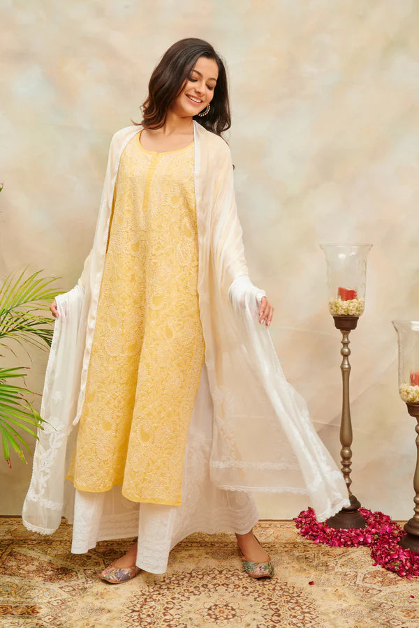 Mustard Yellow Chikankari Mul Cotton Designer Kurta
